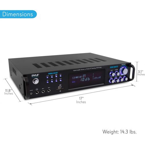  Pyle 4 Channel Bluetooth Power Amplifier - 1000W Home Audio Rack Mount Stereo Receiver w/AM FM Radio, USB, Headphone, Dual Wireless Mic w/Echo for Karaoke, LED, for Speaker Sound System