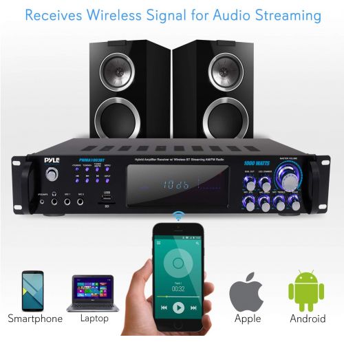  Pyle 4 Channel Bluetooth Power Amplifier - 1000W Home Audio Rack Mount Stereo Receiver w/AM FM Radio, USB, Headphone, Dual Wireless Mic w/Echo for Karaoke, LED, for Speaker Sound System