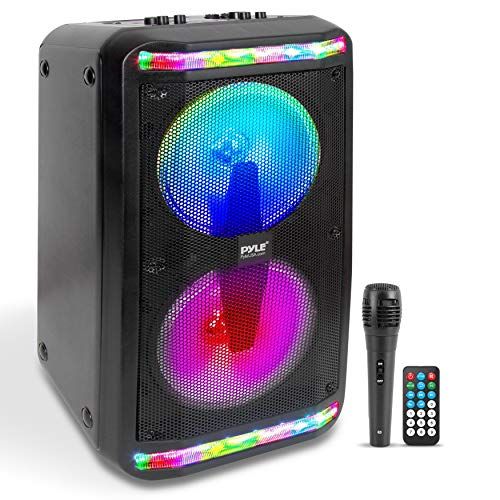  Portable Bluetooth PA Speaker System - 600W Rechargeable Outdoor Bluetooth Speaker Portable PA System w/Recorder, Microphone in, Party Lights, AUX, Radio, Remote - Pyle PPHP288B