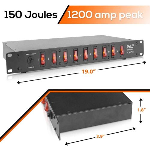  Pyle PDBC70 15 Amp 1800VA Rack Mountable PDU Power Supply Power Strip Surge Protector Extension Cord Plug Strip with 9 Front Switch Outlets and AC Noise Filter (4 Pack)