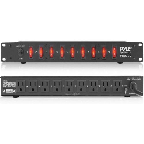  Pyle PDBC70 15 Amp 1800VA Rack Mountable PDU Power Supply Power Strip Surge Protector Extension Cord Plug Strip with 9 Front Switch Outlets and AC Noise Filter (4 Pack)