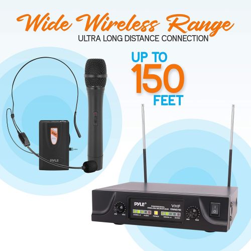  pyle 2-Channel VHF Wireless Microphone System-Battery Operated, One Handheld Microphone & One Belt Pack Transmitter with Headset Mic, Rack Mountable PDWM2700