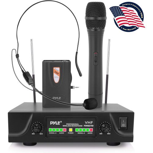 pyle 2-Channel VHF Wireless Microphone System-Battery Operated, One Handheld Microphone & One Belt Pack Transmitter with Headset Mic, Rack Mountable PDWM2700