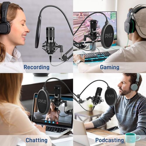  USB Microphone Boom Mic Kit - Audio Cardioid Condenser Mic w/Boom Arm Stand and Pop Filter - for Gaming PS4, Streaming, Podcast Kit, Studio, YouTube, Works w/Windows Mac PC - Pyle