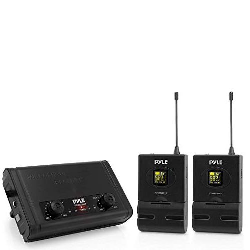  Pyle Compact UHF Wireless Microphone System - Pro Portable Dual Channel Desktop Digital Mic Receiver Set w/ 2 Belt-Pack Transmitter, Receiver, 2 Headset Lavalier Mics, Battery, For Home