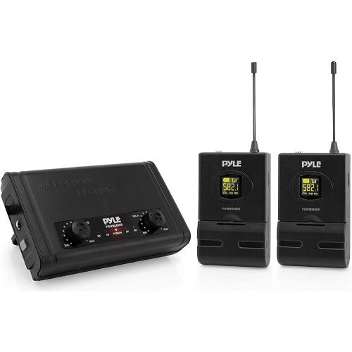  Pyle Compact UHF Wireless Microphone System - Pro Portable Dual Channel Desktop Digital Mic Receiver Set w/ 2 Belt-Pack Transmitter, Receiver, 2 Headset Lavalier Mics, Battery, For Home