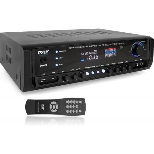  Pyle Home Audio Power Amplifier System - 300W 4 Channel Theater Power Stereo Sound Receiver Box Entertainment w/ USB, RCA, AUX, Mic w/ Echo, LED, Remote - For Speaker, iPhone, PA, Studi