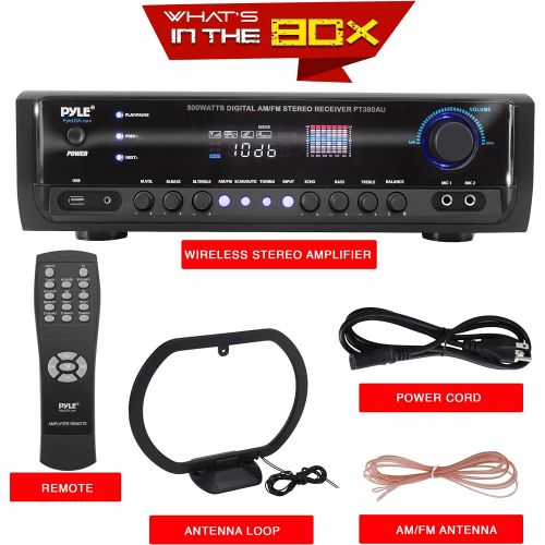  Pyle Home Audio Power Amplifier System - 300W 4 Channel Theater Power Stereo Sound Receiver Box Entertainment w/ USB, RCA, AUX, Mic w/ Echo, LED, Remote - For Speaker, iPhone, PA, Studi