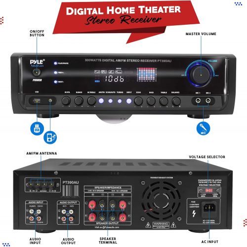  Pyle Home Audio Power Amplifier System - 300W 4 Channel Theater Power Stereo Sound Receiver Box Entertainment w/ USB, RCA, AUX, Mic w/ Echo, LED, Remote - For Speaker, iPhone, PA, Studi