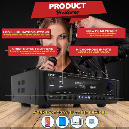  Pyle Home Audio Power Amplifier System - 300W 4 Channel Theater Power Stereo Sound Receiver Box Entertainment w/ USB, RCA, AUX, Mic w/ Echo, LED, Remote - For Speaker, iPhone, PA, Studi