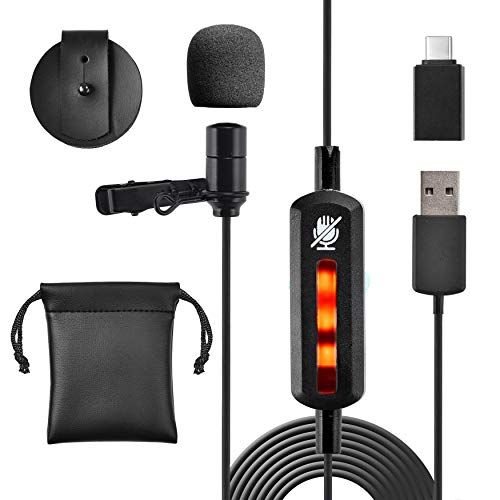  Pyle Lavalier Microphone-w/USB C Adapter, Cable Wrap-Plug and Play Omnidirectional Copper Compact Clip On Lapel Mic for Laptop PC Mac Smartphone Podcast Online Class, Standard, 1 (