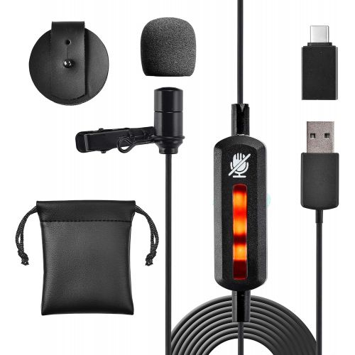  Pyle Lavalier Microphone-w/USB C Adapter, Cable Wrap-Plug and Play Omnidirectional Copper Compact Clip On Lapel Mic for Laptop PC Mac Smartphone Podcast Online Class, Standard, 1 (