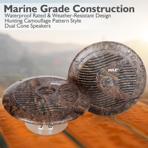  Pyle 6.5 Inch Marine Speakers - IP44 Waterproof and Weather Resistant Outdoor Audio Dual Stereo Sound System with 150 Watt Power, Low Profile Design and Camouflage Hunting Style -