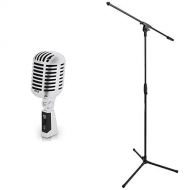 Classic Retro Dynamic Vocal Microphone - Pyle PDMICR42SL (Silver) & Amazon Basics Tripod Boom Microphone Stand