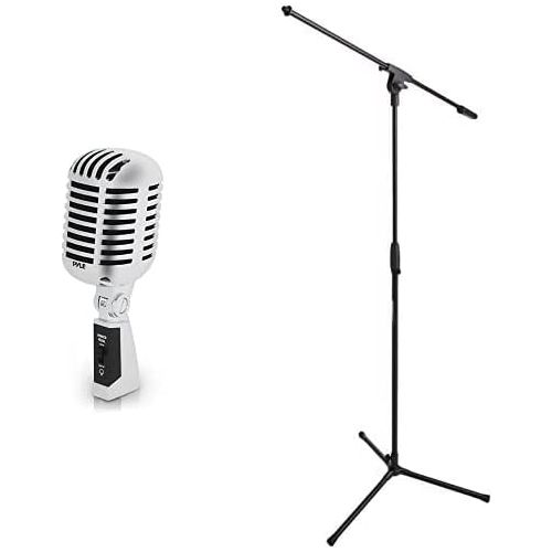  Classic Retro Dynamic Vocal Microphone - Pyle PDMICR42SL (Silver) & Amazon Basics Tripod Boom Microphone Stand