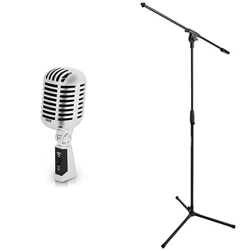  Classic Retro Dynamic Vocal Microphone - Pyle PDMICR42SL (Silver) & Amazon Basics Tripod Boom Microphone Stand