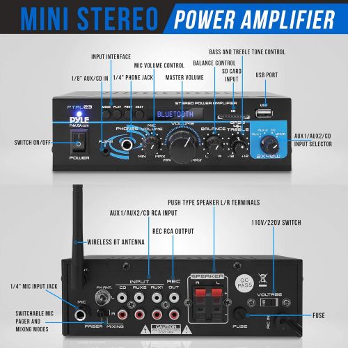  Pyle Home Audio Bluetooth Power Amplifier System - 2X40W Mini Dual Channel Mixer Sound Stereo Receiver Box w/ RCA, USB, AUX, Headphone, Mic Input, Theater, Home Entertainment, Studio Us