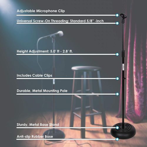  Pyle Microphone Stand - Universal Mic Mount with Heavy Compact Base, Height Adjustable (2.8’ - 5’ ft.)- PMKS5