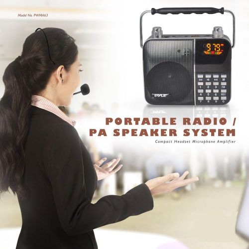  Pyle Portable Lightweight Headset Microphone Voice Amplifier, FM Radio with Digital LCD Display, Ideal for Teachers, Presentations, Karaoke, Tour Guides, USB/SD Card Slot. (PWMA63)