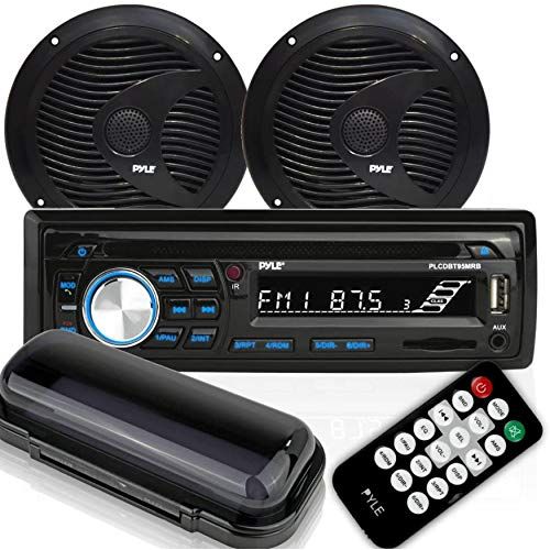  Pyle Marine Stereo Receiver Speaker Kit - In-Dash LCD Digital Console Built-in Bluetooth & Microphone 6.5” Waterproof Speakers (2) w/ MP3/USB/SD/AUX/FM Radio Reader & Remote Control - P