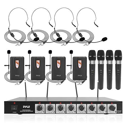  Pyle 8 Channel Wireless Microphone System - Professional VHF Audio Mic Set with 1/4, XLR Jack - 4 Headset, 4 Clip Lavalier, 4 Handheld Mic, 4 Transmitter, Receiver - For Karaoke PA, DJ