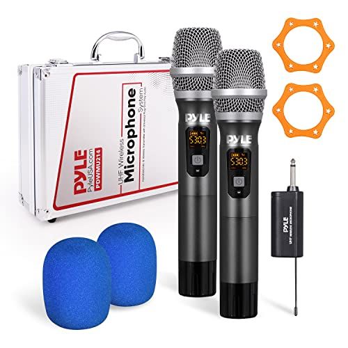  Pyle UHF Wireless Microphone System Kit - Dual Professional Battery Operated Handheld Dynamic Unidirectional Cordless Microphone Transmitter Set w/Adapter Receiver - PA Karaoke DJ Party