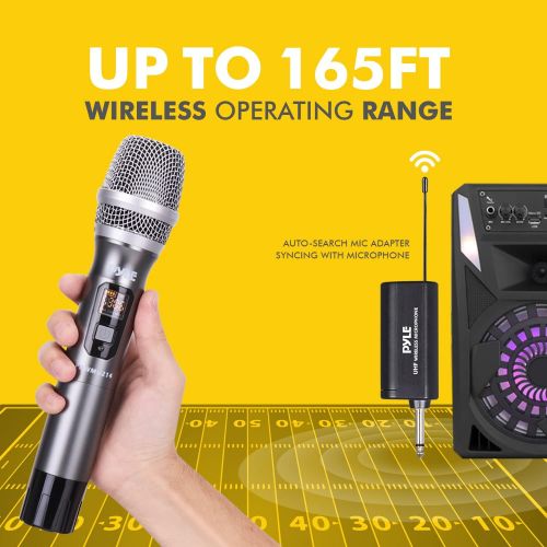  Pyle UHF Wireless Microphone System Kit - Dual Professional Battery Operated Handheld Dynamic Unidirectional Cordless Microphone Transmitter Set w/Adapter Receiver - PA Karaoke DJ Party