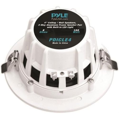  Pyle 4” Pair Flush Mount in-Wall in-Ceiling 2-Way Home Speaker System Built-in LED Lights Aluminum Housing Spring Clips Polypropylene Cone & Tweeter 2 Ch Amplifier 160 Watts (PDICL