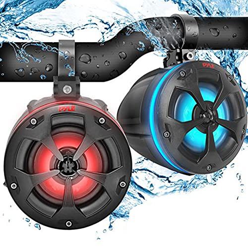  Pyle 2-Way Dual Waterproof Off-Road Speakers - 4 800W Marine Grade Wakeboard Tower Speakers System w/RGB Lights & Remote, Full Range Outdoor Audio Stereo Speaker for ATV/UTV, Jeep, Boat