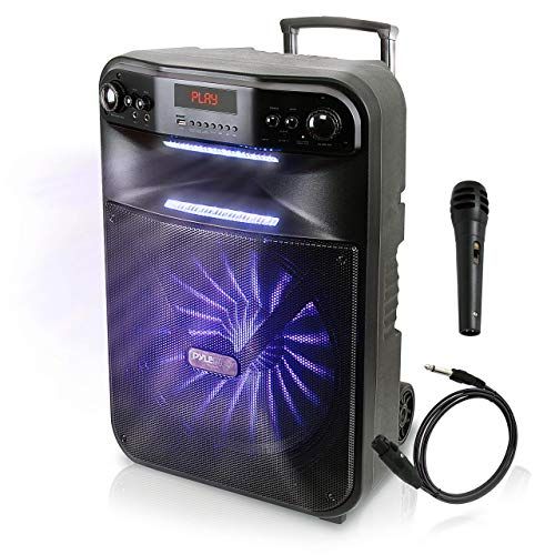  Pyle Wireless Portable PA System-600W Bluetooth Compatible Battery Powered Rechargeable Outdoor Sound Speaker Microphone Set with MP3 USB SD FM Radio AUX, LED Dj Lights, Wheels (PW