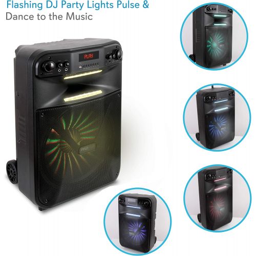  Pyle Wireless Portable PA System-600W Bluetooth Compatible Battery Powered Rechargeable Outdoor Sound Speaker Microphone Set with MP3 USB SD FM Radio AUX, LED Dj Lights, Wheels (PW