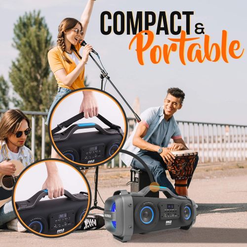  Pyle Wireless Portable Bluetooth Boombox Speaker - 800W Rechargeable Boom Box Speaker Portable Barrel Loud Stereo System with AUX Input, USB, 1/4 in, Fm Radio, 4 Subwoofer, DJ Lights -