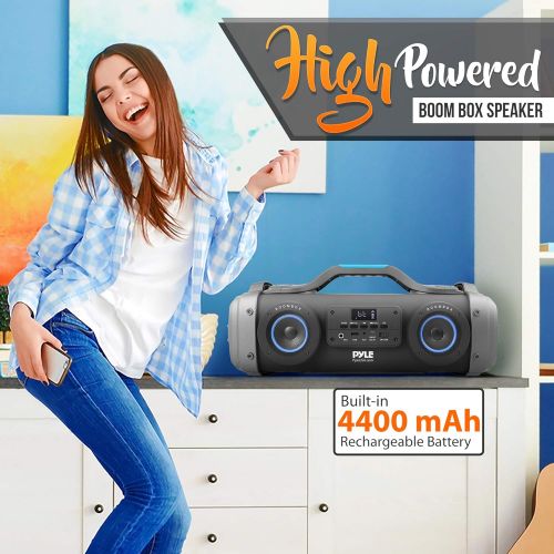  Pyle Wireless Portable Bluetooth Boombox Speaker - 800W Rechargeable Boom Box Speaker Portable Barrel Loud Stereo System with AUX Input, USB, 1/4 in, Fm Radio, 4 Subwoofer, DJ Lights -