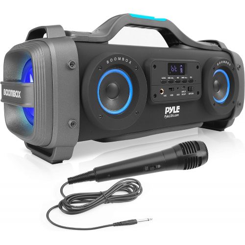  Pyle Wireless Portable Bluetooth Boombox Speaker - 800W Rechargeable Boom Box Speaker Portable Barrel Loud Stereo System with AUX Input, USB, 1/4 in, Fm Radio, 4 Subwoofer, DJ Lights -