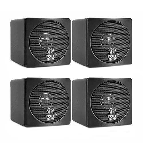  Pyle PCB3BK Full Range 3 Inch 100 Watt Mini Cube Bookshelf Stereo Speakers for Home Theater Surround Sound System with Video Shield, Black (4 Pack)