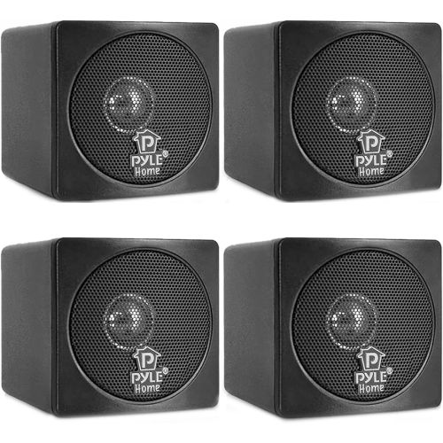  Pyle PCB3BK Full Range 3 Inch 100 Watt Mini Cube Bookshelf Stereo Speakers for Home Theater Surround Sound System with Video Shield, Black (4 Pack)