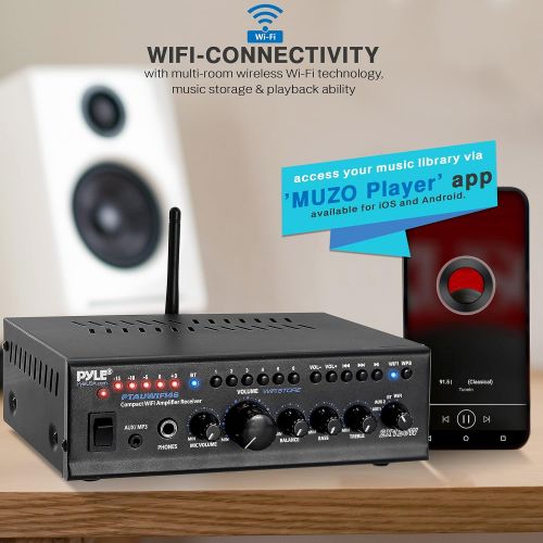  Pyle WiFi Stereo Amplifier Receiver Home Theater Audio System Wireless Bluetooth AUX MP3 Music Streaming 1/4 Input & Microphone Paging/Mixing Control 240 Watt (PTAUWIFI46) Black