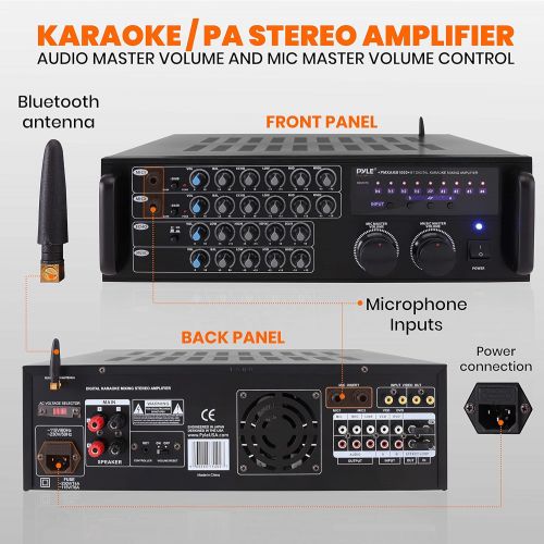  Pro 1000-Watt Portable Wireless Bluetooth - Stereo Mixer Karaoke Amplifier System with Dual Mic / RCA Audio / Video Inputs, Speaker Output for Instant Home Karaoke, DJ Party - Pyle