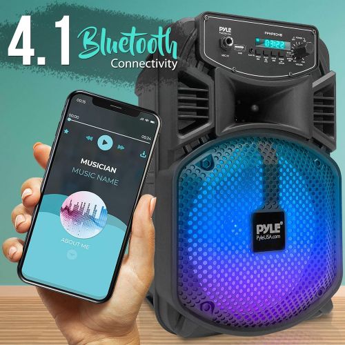  Pyle Portable Bluetooth PA Speaker System - 300W Rechargeable Outdoor Bluetooth Speaker Portable PA System w/ 8” Subwoofer 1” Tweeter, Microphone in, Party Lights, MP3/USB, Radio, Remot