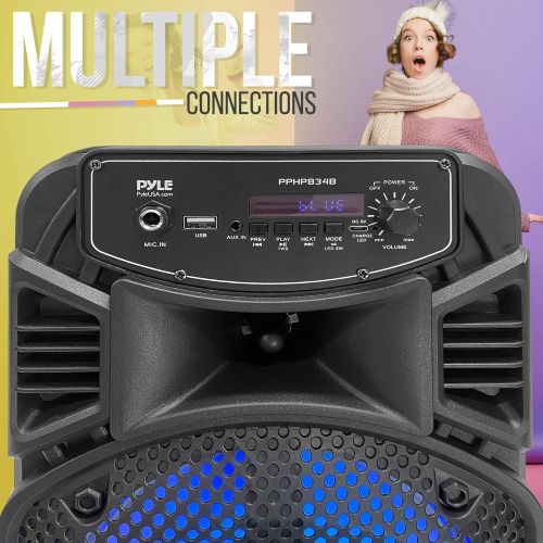  Pyle Portable Bluetooth PA Speaker System - 300W Rechargeable Outdoor Bluetooth Speaker Portable PA System w/ 8” Subwoofer 1” Tweeter, Microphone in, Party Lights, MP3/USB, Radio, Remot