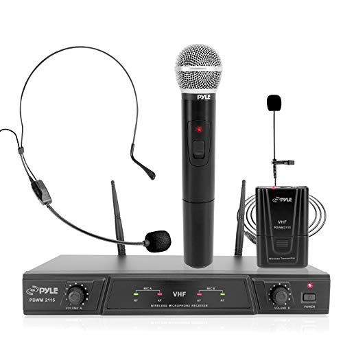  Pyle, 2 Dual Channel Wireless Microphone System-Portable VHF Audio Mic Set with Clip Lavalier Lapel, Handheld, Headset, Transmitter, ¼’’ Cable, Power Adapter-for Karaoke, PA DJ Pro