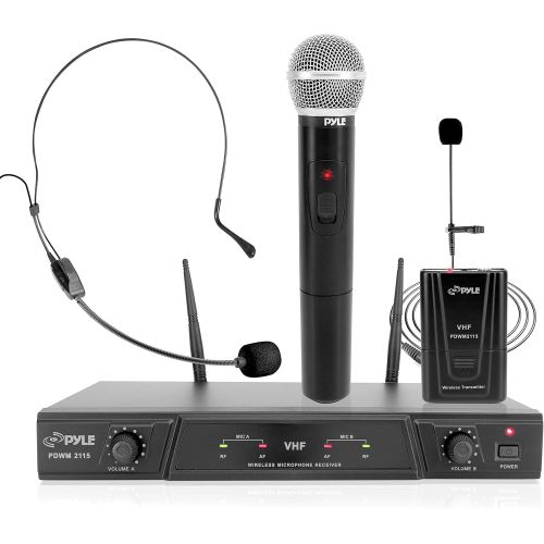  Pyle, 2 Dual Channel Wireless Microphone System-Portable VHF Audio Mic Set with Clip Lavalier Lapel, Handheld, Headset, Transmitter, ¼’’ Cable, Power Adapter-for Karaoke, PA DJ Pro