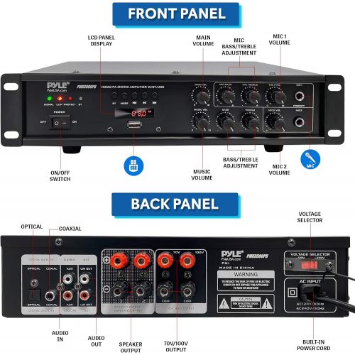  Pyle Bluetooth Home PA Mixing Amplifier - 500W Home Audio Rack Mount Stereo Power Amplifier Receiver w/FM Radio, Digital LED Display, USB/AUX/Mic, Optical/Coaxial, AC-3, 70V/100V Output