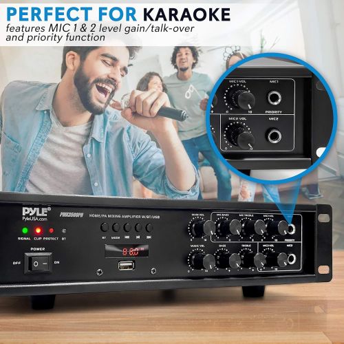  Pyle Bluetooth Home PA Mixing Amplifier - 500W Home Audio Rack Mount Stereo Power Amplifier Receiver w/FM Radio, Digital LED Display, USB/AUX/Mic, Optical/Coaxial, AC-3, 70V/100V Output