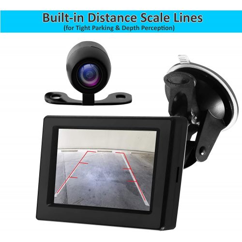  Pyle Backup Car Camera Rear View Screen Monitor System - Parking & Reverse Safety Distance Scale Lines, Waterproof, Night Vision, 170° View Angle, 4.3 LCD Video Color Display for V