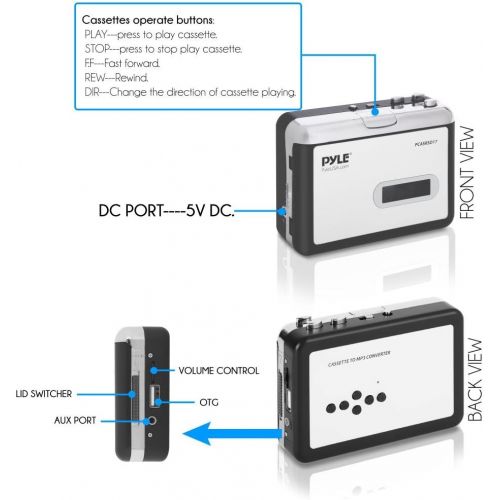  Pyle 2-in-1 Cassette-to-MP3 Converter Player Recorder - Portable Battery Powered Tape Audio Digitizer, USB Walkman Cassette Player with Manual/Auto Record, 3.5mm Audio Jack, Headphones,