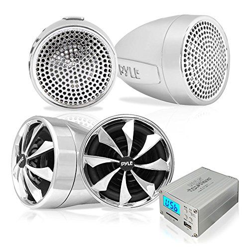  Pyle 600 Watt Weatherproof Motorcycle Speaker and Amplifier System w/ Four 3 Inch Waterproof Speakers, AUX IN - Handlebar Mount ATV Mini Stereo Audio Receiver Kit Set - Also for Ma