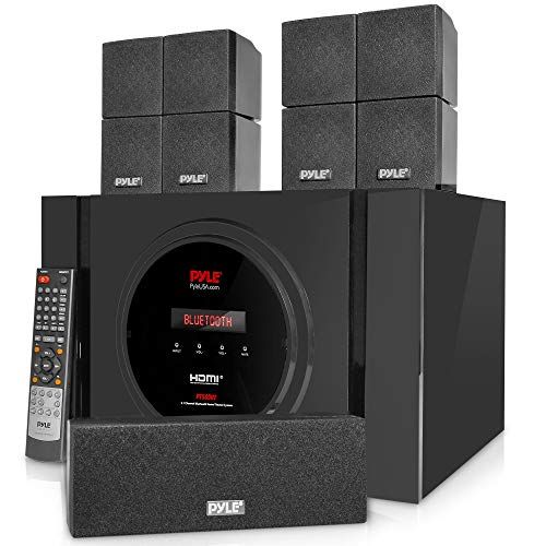  Pyle 5.1 Channel Home Theater Speaker System - 300W Bluetooth Surround Sound Audio Stereo Power Receiver Box Set w/ Built-in Subwoofer, 5 Speakers, Remote, FM Radio, RCA - PT589BT,