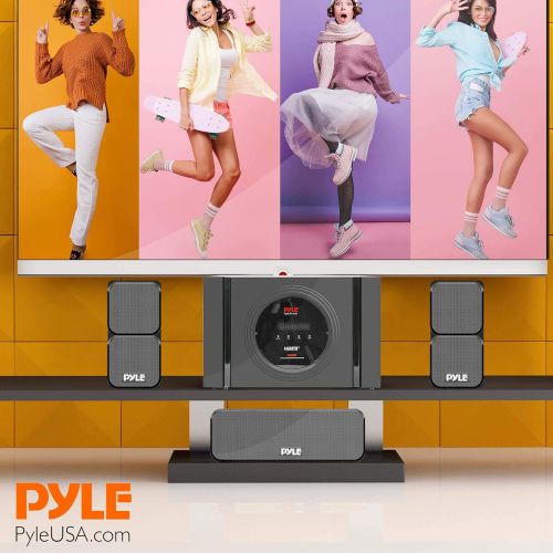  Pyle 5.1 Channel Home Theater Speaker System - 300W Bluetooth Surround Sound Audio Stereo Power Receiver Box Set w/ Built-in Subwoofer, 5 Speakers, Remote, FM Radio, RCA - PT589BT,