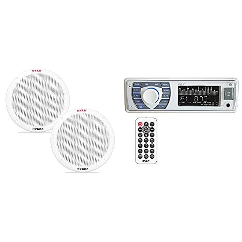  Pyle 6.5 Inch Dual Marine Speakers - 2 Way Audio Stereo Sound System with 400 Watt Power - 1 Pair, White & Bluetooth Marine Receiver Stereo - 12v Single DIN Style Boat In dash Radio Rec